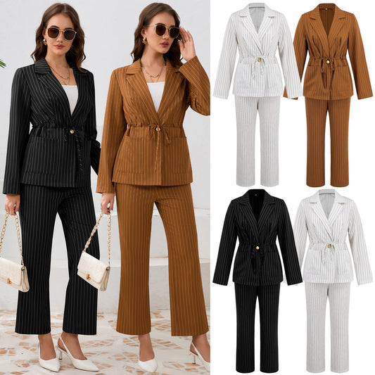 Fashion Striped Lapel Two-piece Suit Suit Drawstring Coat Trousers