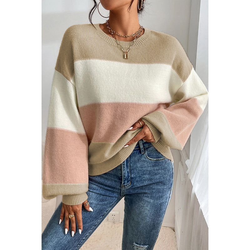 Color-block Crew Neck Sweater Casual Loose Shoulder Lantern Sleeve Pullover Women