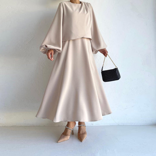 Fashion Puff Sleeve Top Big Hem Skirt Suit