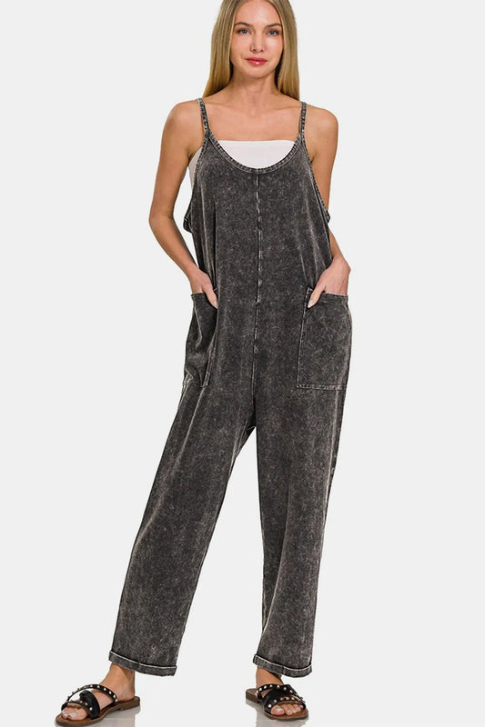 Zenana Washed Spaghetti Straps Overalls With Pockets