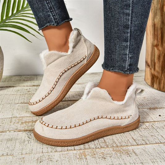 Fashion V-cut Plush Ankle Boots Winter Plus Velvet Flat Snow Boot Casual Warm Solid Suede Cotton Shoes For Women