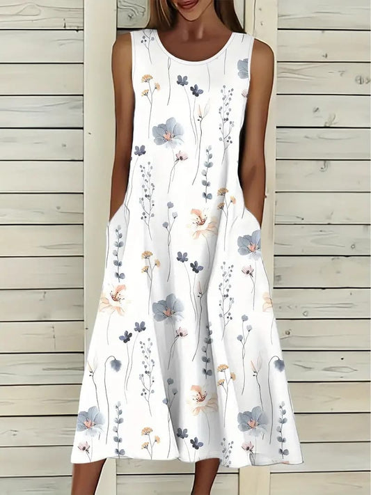 Plus-size Floral Print Pocket Sundress, Casual Sleeveless Round Neck Mid-length Dress