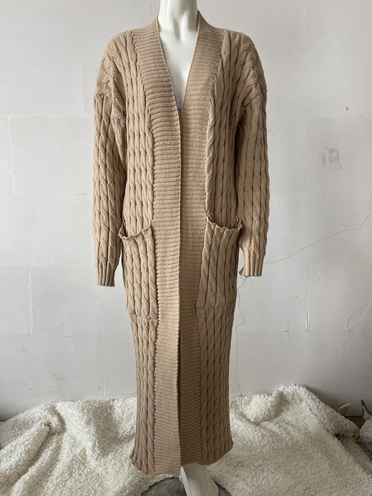 Long Knitwear Cardigan Pocket A Long Sweater Thickened Coat European And American