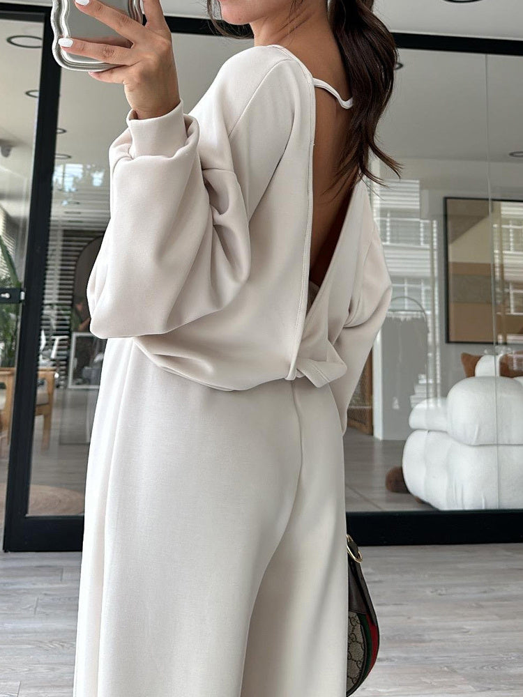 Backless Solid Color Hoodie Sweatshirt Trousers Suit