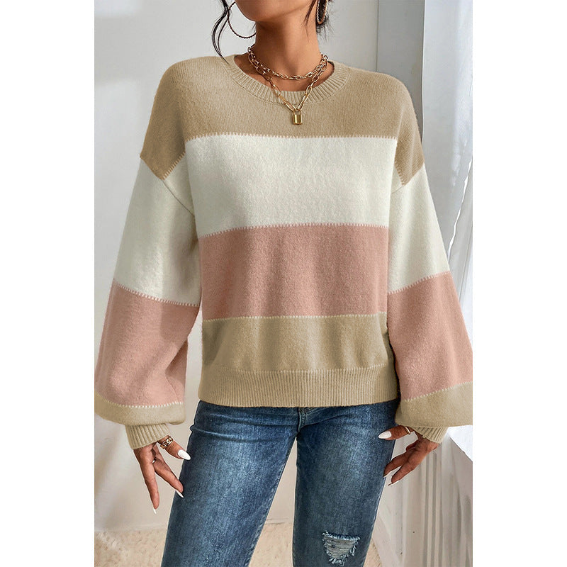 Color-block Crew Neck Sweater Casual Loose Shoulder Lantern Sleeve Pullover Women