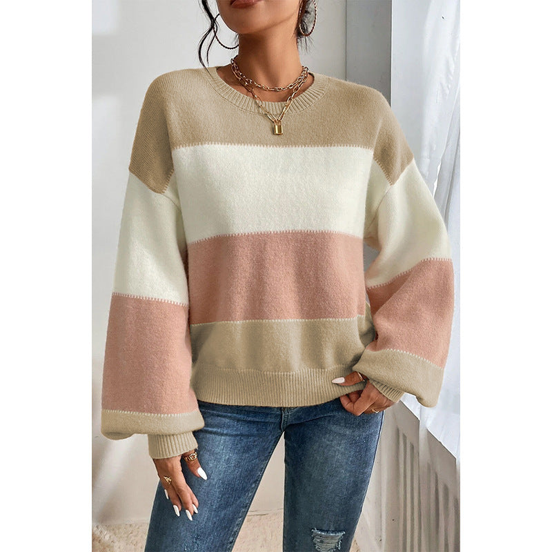 Color-block Crew Neck Sweater Casual Loose Shoulder Lantern Sleeve Pullover Women