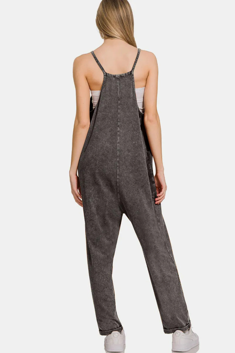 Zenana Washed Spaghetti Straps Overalls With Pockets