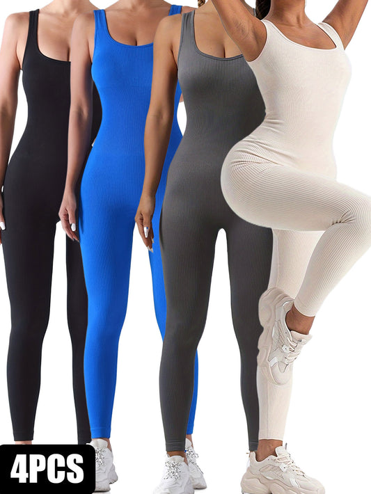 4 Pack Women's Ribbed Solid Color One-Piece Jumpsuit, Form-Fitting Sensual Activewear, Classic Sleeveless Full-Length Pants For Sport Casual Wear