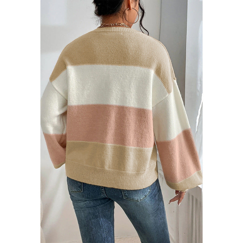 Color-block Crew Neck Sweater Casual Loose Shoulder Lantern Sleeve Pullover Women