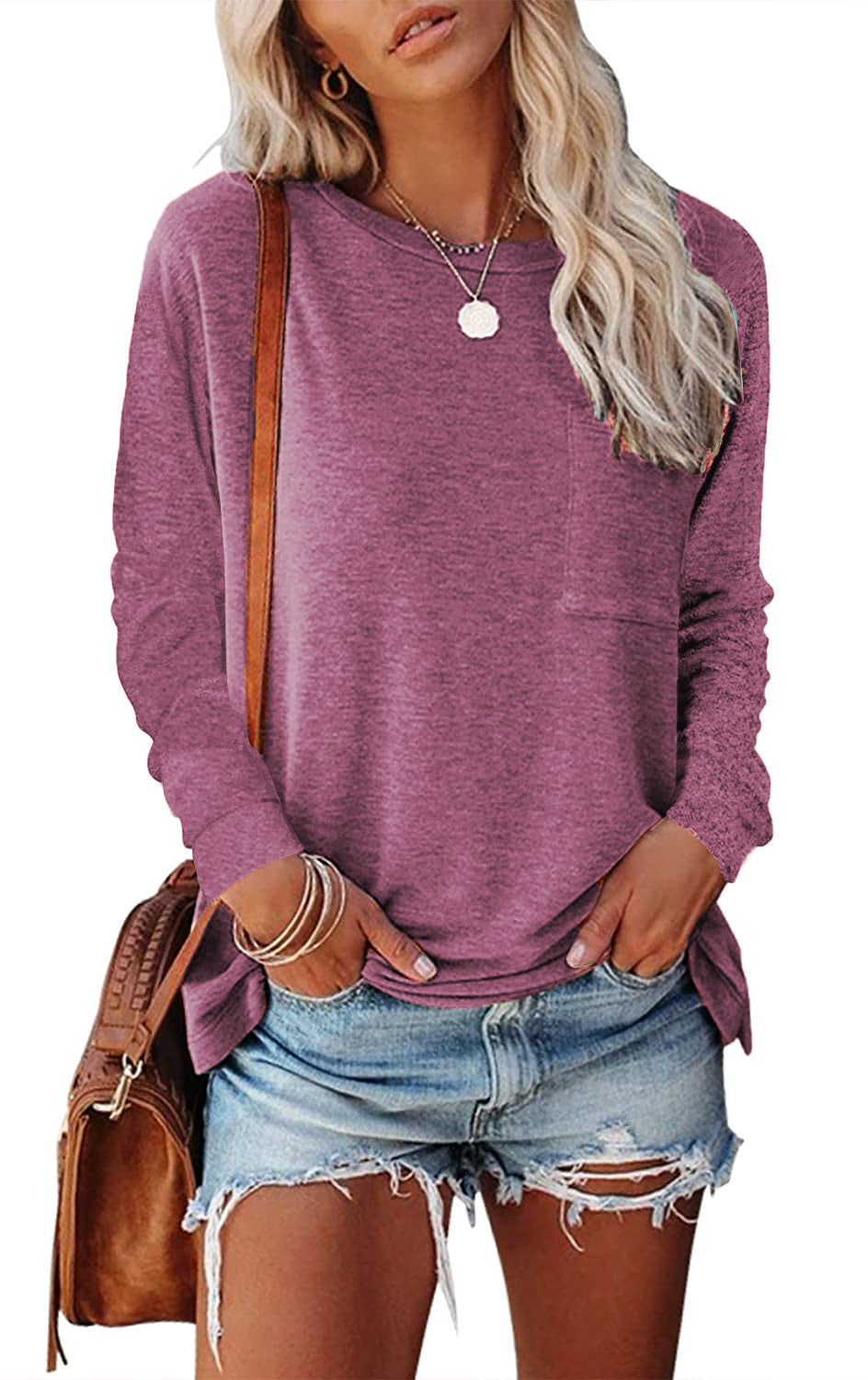 Pocket Split Long-sleeved Casual Bottoming T-shirt