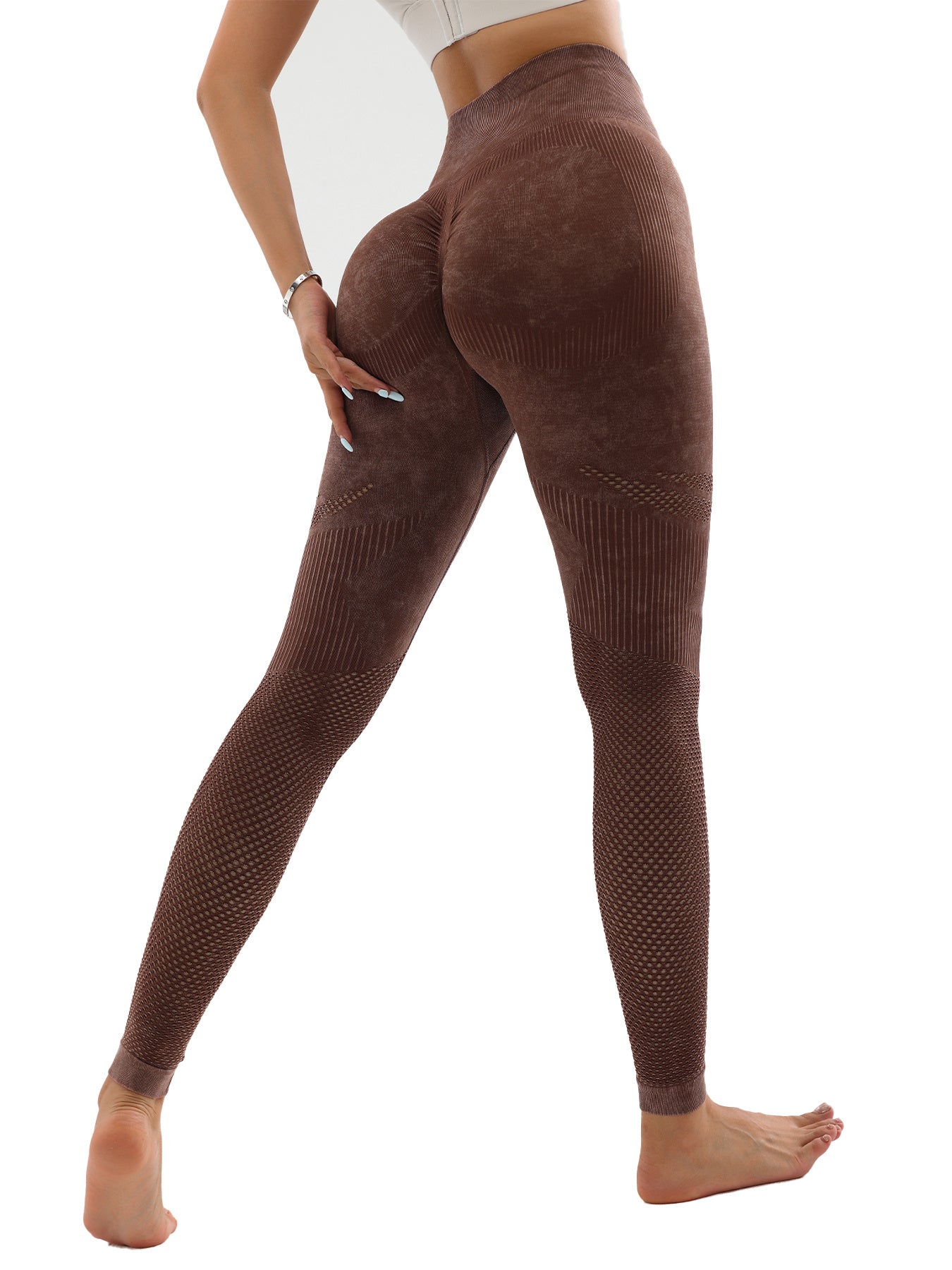 Women's Hollow Wide Band Waist Sports Leggings With Butt Ruching, Scrunch Butt Lifting Tights Seamless Yoga Tummy Control Pants