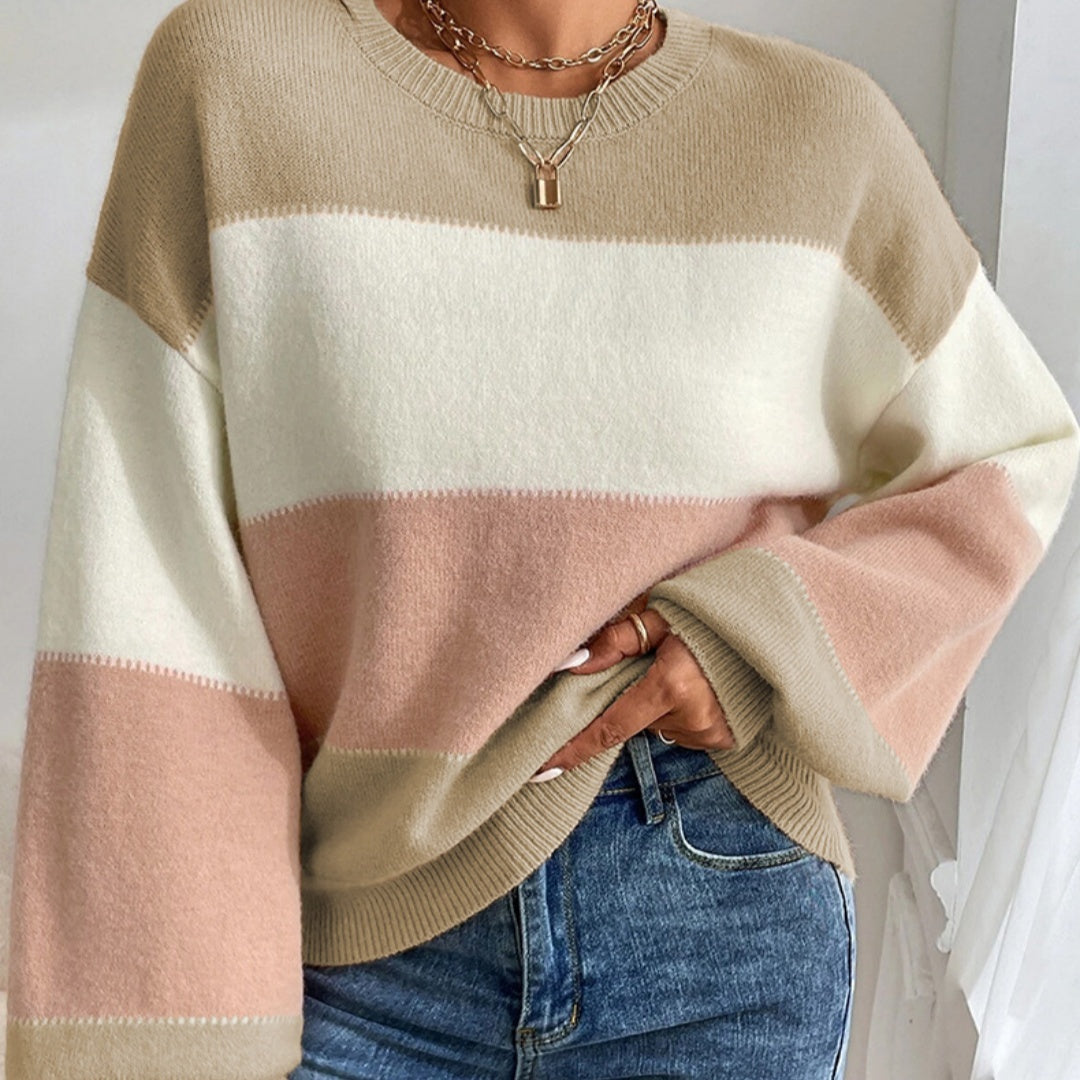 Color-block Crew Neck Sweater Casual Loose Shoulder Lantern Sleeve Pullover Women